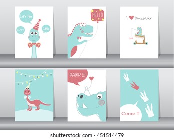 Set of cute cards,poster,template,greeting cards,animals,dinosaurs,Vector illustrations