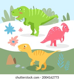 Set of cute carnivorous and herbivorous dinosaurs on the background of nature. Vector illustration in cartoon style for kids
