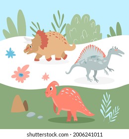 Set of cute carnivorous and herbivorous dinosaurs on the background of nature. Vector illustration in cartoon style for kids