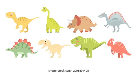 Set of cute carnivorous and herbivorous dinosaurs isolated on white background. Vector illustration in cartoon style for kids