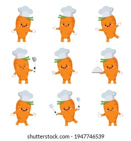 Set of cute carrot chef cartoon characters with various activities.