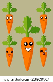 Set of cute carrot emoji icons.  Fresh cute orange carrots.  Sweet stylish character stickers