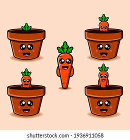 poner zanahorias lindas y mascota de diseño de macetas kawaii