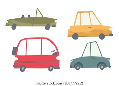 mit niedlichen Autos im flachen Stil. Fahrzeuge mit Texturen. Vektorgrafik einzeln auf weißem Hintergrund.