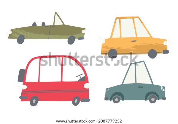 set with cute\
cars drawn in a flat style. cars with textures. vector illustration\
isolated on white\
background.