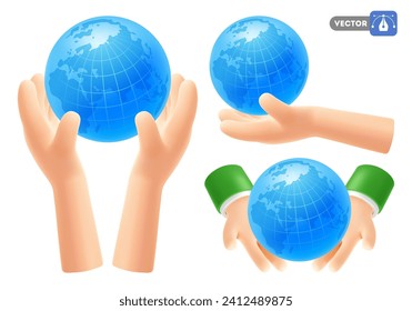 Set of cute cartoon 3d realistic hands holding globe or planet Earth. Concept of ecology, environment, green energy, World Environment Day, 22 April, save the planet. Vector illustration