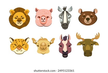 Set von niedlichen Cartoon entzückende Tiere Gesicht einschließlich Löwe, Leopard, Bär, Kamel, Alpaka, Pferd, Zebra und Elch.