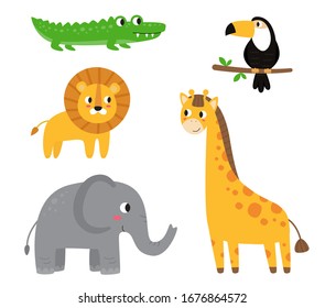 Set of cute cartoon African animals. Giraffe, crocodile, toucan, elephant, lion.