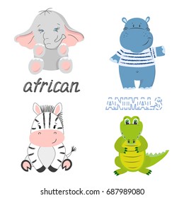 Set of cute cartoon african animals isolated on white - elephant, zebra, crocodile and hippo. Vector illustration.