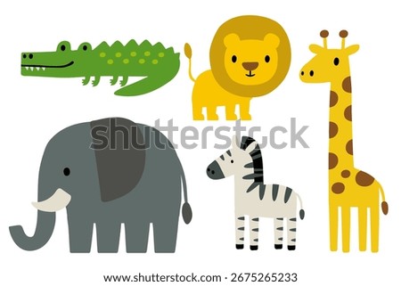 Set of cute cartoon African animals including lion, elephant, zebra, giraffe, and crocodile, flat vector illustration for kids and design
