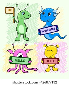 Set of cute cartoon alien monster with a sign in his hands for your test. Vector illustration