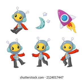 Set of cute cartoon aliens in space suits, moon, stars and rocket for flight. Vector illustration of a character in cartoon style. Isolated funny clipart on white background. Cute astronafta print