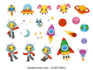 Conjunto de lindos extraterrestres de dibujos animados, cohetes espaciales, planetas, mareas, tierra, pluto, ufo, alienígena en trajes espaciales, luna. Ilustración vectorial de un personaje al estilo de las caricaturas. Clíparte divertida aislada. Astronautas