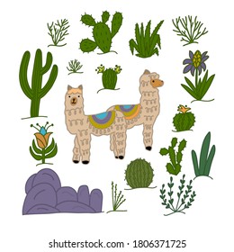 Set of cute cartoon alpacas and cactuses on a white background in vector graphics. For the design of wallpapers, covers, wrapping paper, prints for textiles, childrens illustrations, posters.