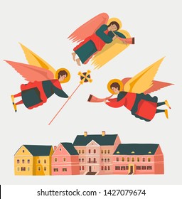 Set of cute cartoon angels with cross and trumpet flying above an old town, Christmas symbol. Trinity Suburb, old part of Minsk, Belarus