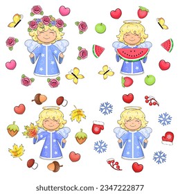 A set of cute cartoon angels within the four seasons. Spring, summer, autumn and winter animal vector illustration with hearts, flowers, fruits, harvest and snowflakes isolated on white background.