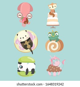 Set of cute cartoon animal with dessert.