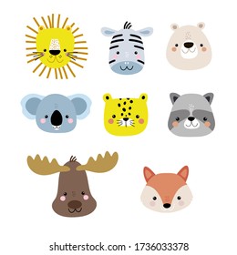 Set of cute cartoon animal faces. Lion, fox, bear, raccoon, moose, cheetach,zebra, koala heads. Ready.print for nursery,apparel,cards. Vector Illustration