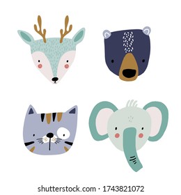 Set of cute cartoon animal faces. Deer cat, bear, elephant heads. Ready.print for nursery,apparel,cards. Vector Illustration