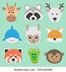 Set of cute cartoon animal faces isolated on greeen background. Giraffe, racoon, reindeer, shark, lama, fox, red panda, crocodile, monkey, alpaca. Flat vector illustration.