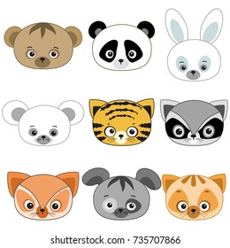 Set with cute cartoon animal faces. Collection of  baby animals  on a white background. Wild and domestic animals. Vector.