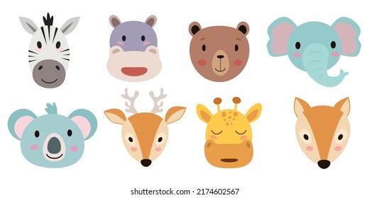 Conjunto de cabezas de animales adorables de dibujos animados