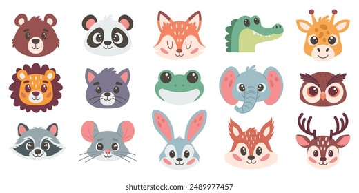 Conjunto de cabezas de animales de dibujos animados lindos. Ilustración vectorial sobre fondo blanco