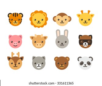 Set of cute cartoon animal heads, domestic and wild animals. Flat vector icons.