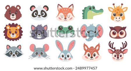 Set of cute cartoon animal heads. Vector illustration on a white background
