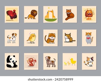 Set of cute cartoon animal illustration. Chicken, bird, tiger, cat, dog,lion, monkey, panda, fox, girrafe animal wildlife vector collection.