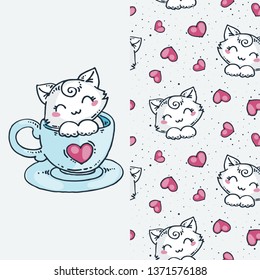 Set of cute cartoon animal and seamless pattern. Vector clip art illustration for children design, cards, prints, coloring books