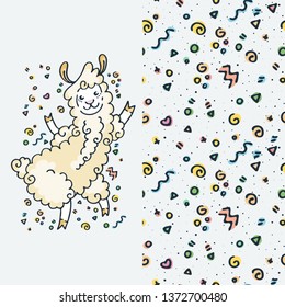 Set of cute cartoon animal and seamless pattern. Vector clip art illustration for children design, cards, prints, coloring books