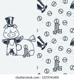 Set of cute cartoon animal and seamless pattern. Vector clip art illustration for children design, cards, prints, coloring books