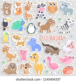 Set of cute cartoon animal stickers  vector illustration. Flat design.