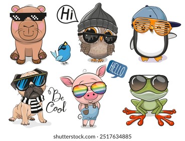 Set of Cute Cartoon Animals with accessories on a white background