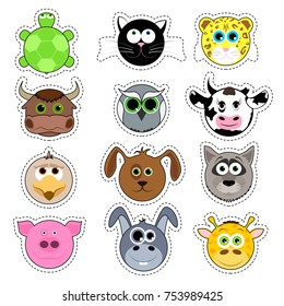Set of cute cartoon animals. Cute animal face sticker collection.