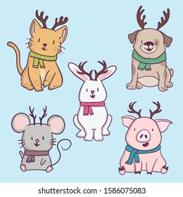 Set of cute cartoon animals with antlers