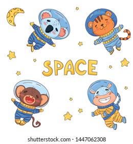 Set of cute cartoon animals astronaut in space. Element for print, postcard and poster isolate on white background. Vector illustration