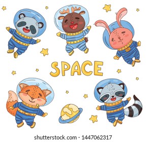 Set of cute cartoon animals astronaut in space. Element for print, postcard and poster isolate on white background. Vector illustration