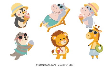 Set of cute cartoon animals.  Beach vacation. Penguin, hippo, seal, lion, giraffe. Flat vector illustration in simple child style isolated on white background