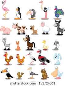 Set of cute cartoon animals and birds