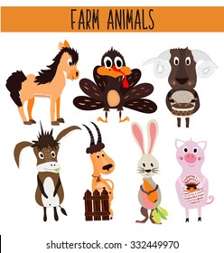 Set of Cute cartoon Animals and birds of the farm on a white background. Donkey, sheep, horse, pig, poultry, Turkey, goat, rabbit with carrot . Vector illustration