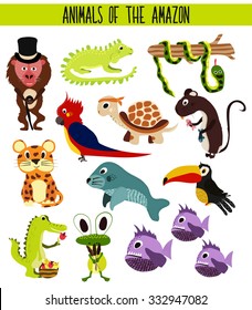 Set of Cute cartoon Animals and birds of the Amazon areas of South America isolated on white background. Jaguar, crocodile, piranha, Anaconda, Toucan, monkey, parrot and iguana. Vector illustration