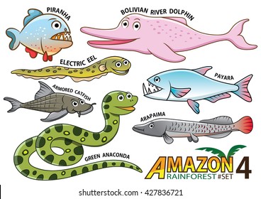 Set of Cute cartoon Animals and birds in the Amazon areas of South America isolated on white background. piranha, bolivian river dolphin, electric eel, payara, armored catfish, anaconda, arapaima