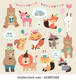 Set Of Cute Cartoon Animals For Birthday Card Design