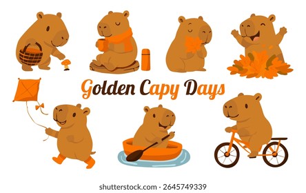 Um conjunto de bonitos animais de desenho animado com uma legenda que diz "Golden Capy Days". Os animais são mostrados em várias atividades, como soltar pipa, andar de bicicleta e brincar na água