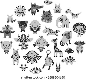Set of cute cartoon animals and characters in 2-3 simple colors, nice for logos or laser cut souvenirs, outline vector illustration
