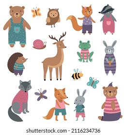 A set of cute cartoon animals in clothes. Funny forest animals. Vector illustration for poster, T-shirt print, stickers, nursery decor