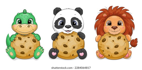 Set of cute cartoon animals with cookies. Lion, panda and dinosaur vector illustration on a white background.