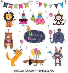 Set with cute cartoon animals and decorative elements for Happy Birthday